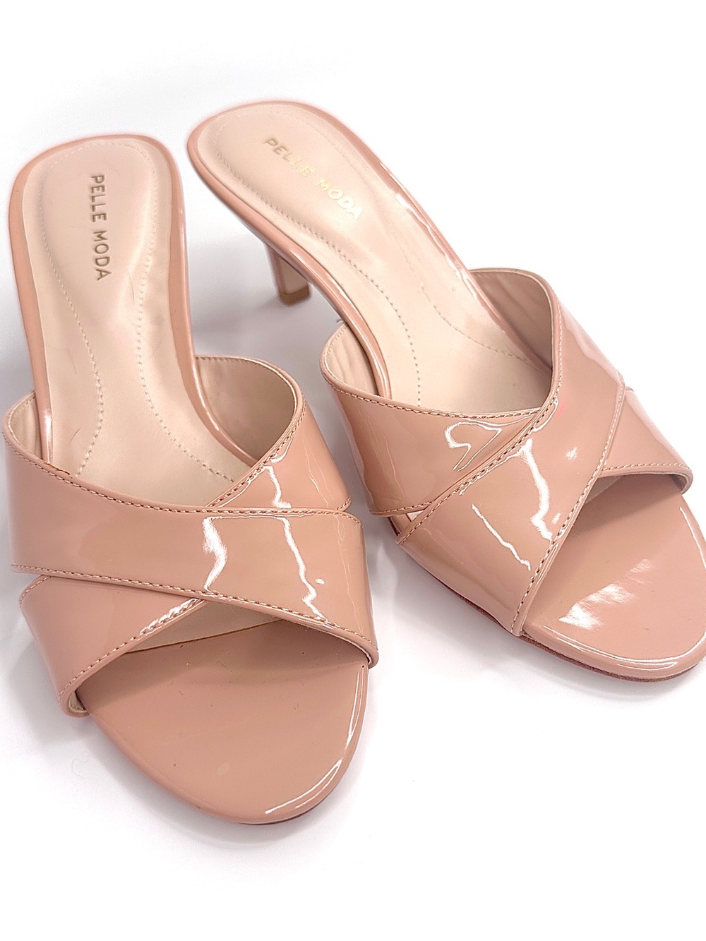 Pelle Moda Blush Patent Crossband Mule Heels